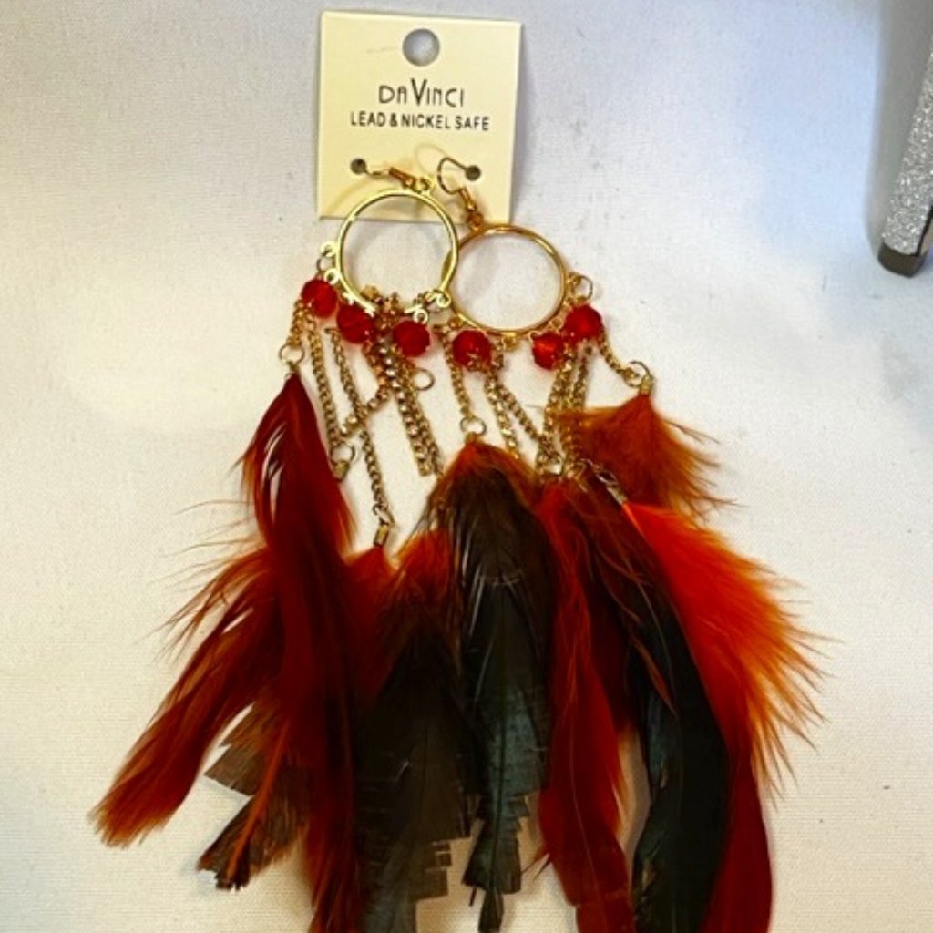 Davinci Orange And Brown Feathered Dangling Earrings 10$